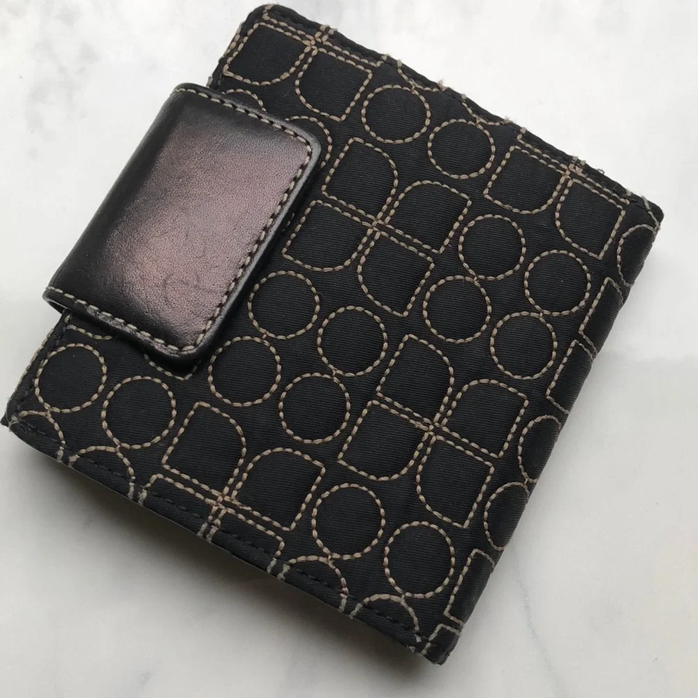 🕶️vintage Kate Spade⚡️monogram stitch 2000's wallet Black/beige pink lining - Picture 1 of 4